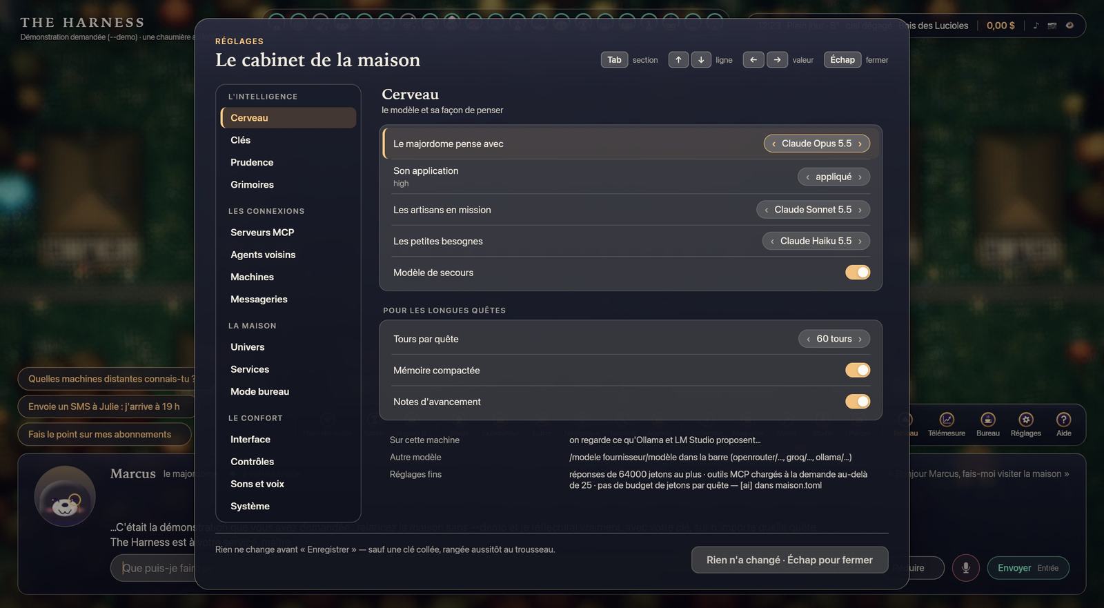 Le Cabinet des réglages, section Cerveau : le modèle du majordome, celui des missions, celui des petites besognes.