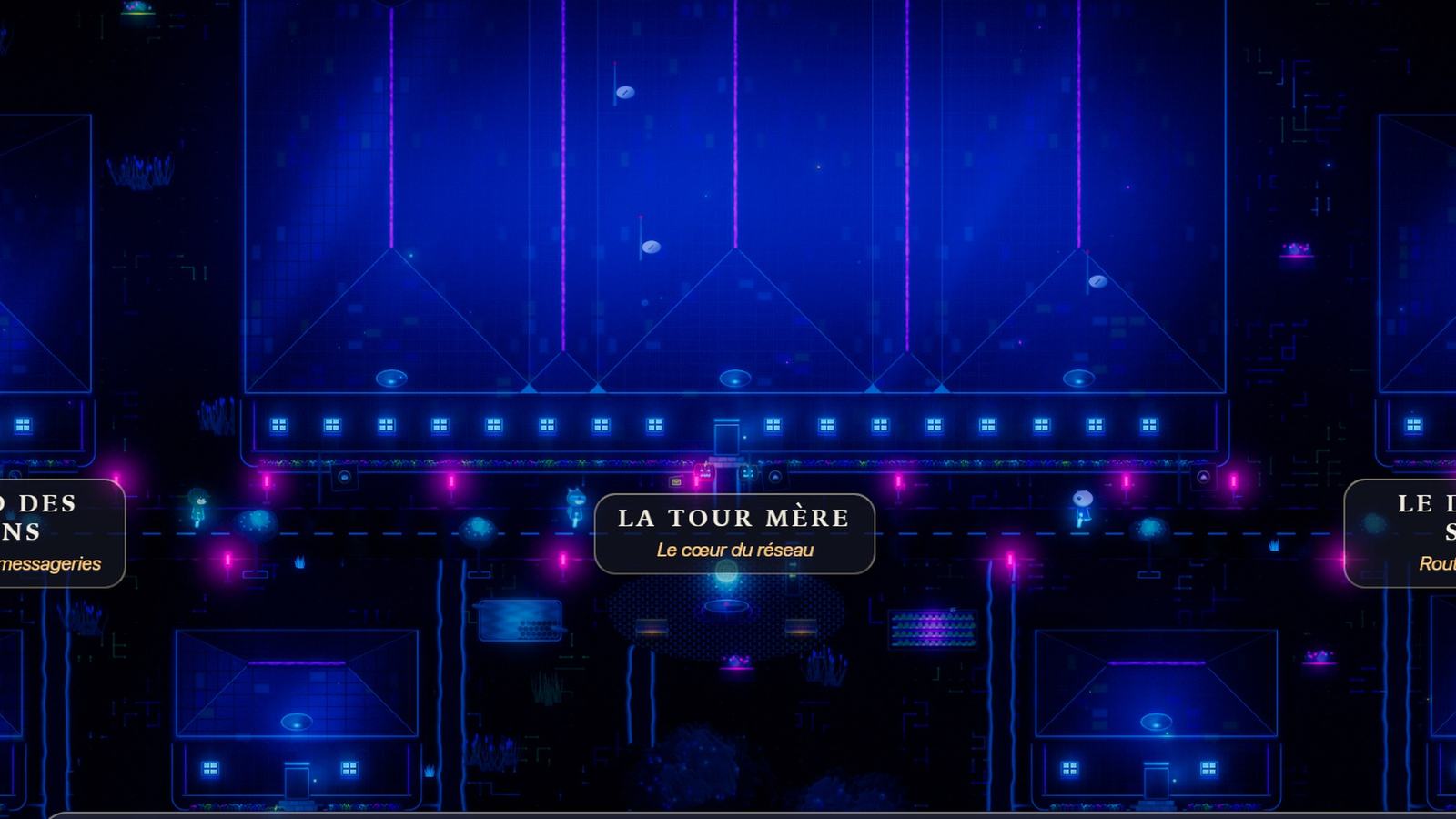 La Cité des données la nuit, ses néons bleus et roses.